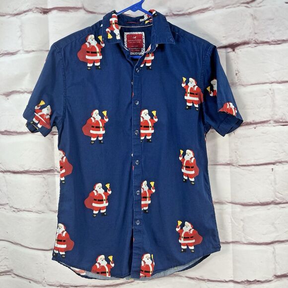 Denim & Flower Ricky Singh Santa Claus Button Up Short Sleeve Men’s-Medium Blue - Picture 1 of 13